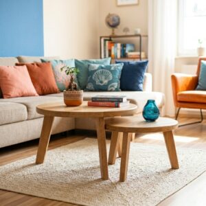 Couchtisch rund Wohnzimmertisch Set aus Eiche Massivholz 2er Set