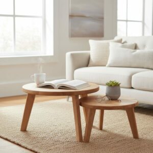 Couchtisch rund Wohnzimmertisch Set aus Eiche Massivholz 2er Set