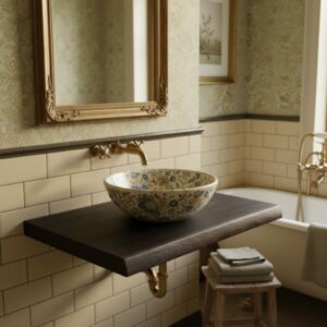 Waschtischplatte Tischplatte Vintage Schwarz Cognac Eiche Baumkant Massive Holz 50cm