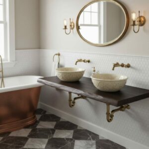 Waschtischplatte Tischplatte Vintage Schwarz Cognac Eiche Baumkant Massive Holz 120cm