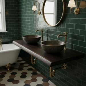 Waschtischplatte Tischplatte Vintage Schwarz Cognac Eiche Baumkant Massive Holz 100cm