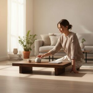 Couchtisch, Tatami-Tisch aus Massivholz Eiche , bodenlanger Bodentisch, niedriger Zen-Tisch, Balkon-Couchtisch mit stabilen Beinen und wasserdichter Tischplatte 140cm