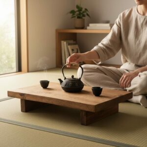 Couchtisch, Tatami-Tisch aus Massivholz Eiche , bodenlanger Bodentisch, niedriger Zen-Tisch, Balkon-Couchtisch mit stabilen Beinen und wasserdichter Tischplatte 70cm