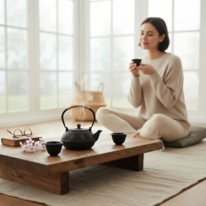 Couchtisch, Tatami-Tisch aus Massivholz Eiche , bodenlanger Bodentisch, niedriger Zen-Tisch, Balkon-Couchtisch mit stabilen Beinen und wasserdichter Tischplatte 120cm